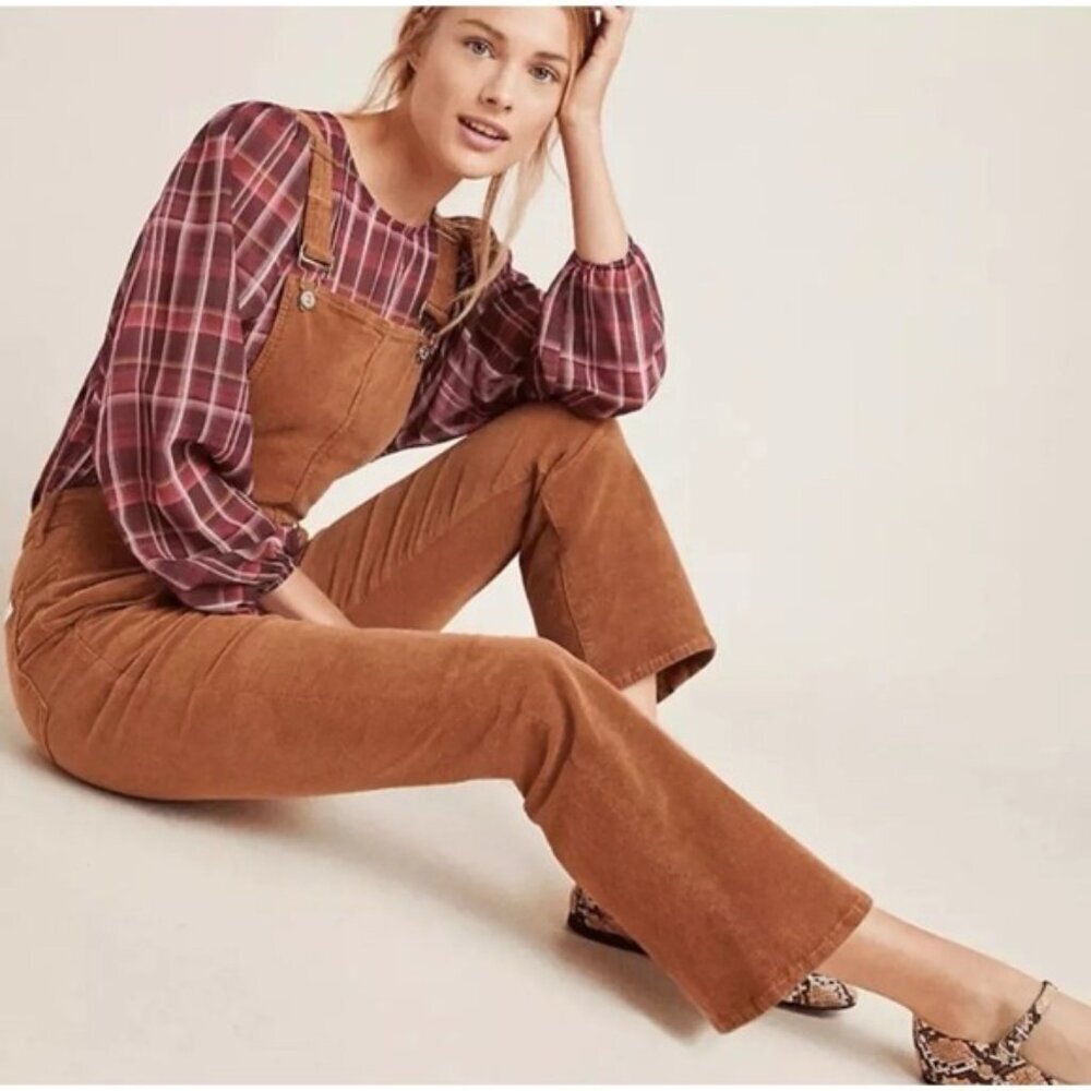 7 For All Mankind Roberta Kick Flare Corduroy Overalls Anthropologie XL Brown